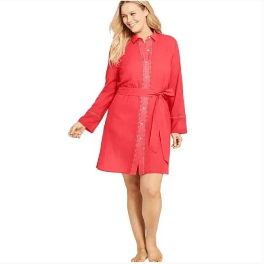 Draper James x Lands End Coral Buttonfront Roll Sleeve Cover Up-Size XL